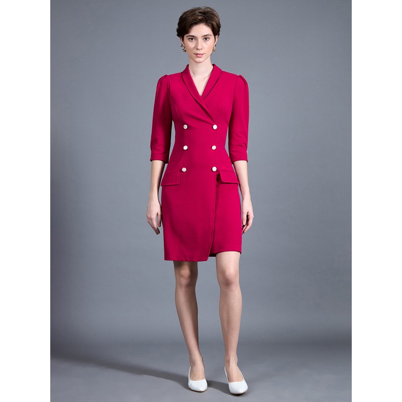 Women’s Dark Pink V-neck 3/4 Sleeve Solid Double Breasted Blazer Knee-Long Polyester Dress XS Pink