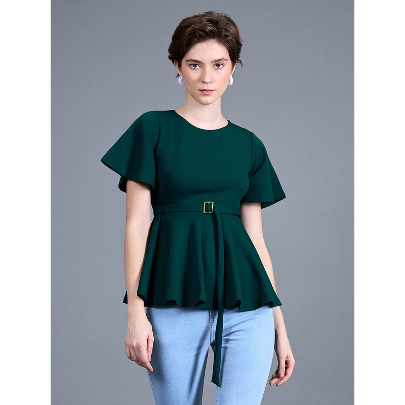 Women’s Green Solid Polyester Slim Fit Round Neck Short Sleeve Regular Length Top XS Green