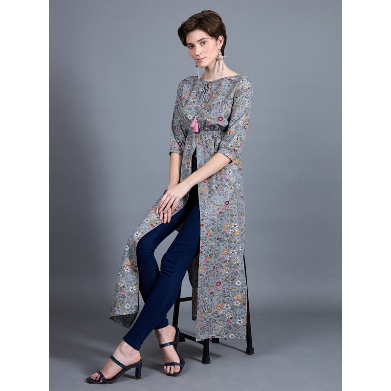 Women’s Multicolored-Base-Grey Round neck 3/4th Sleeve Floral Elasticated Maxi Top XS Multicolored