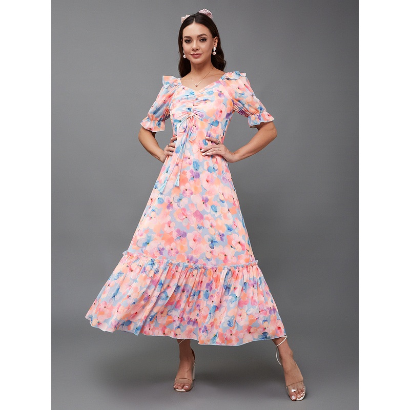 Women’s Multicolored-Base-Sky Blue V-Neck Puff Sleeve Floral Ruching Ankle-Length Dress XS Multicolor