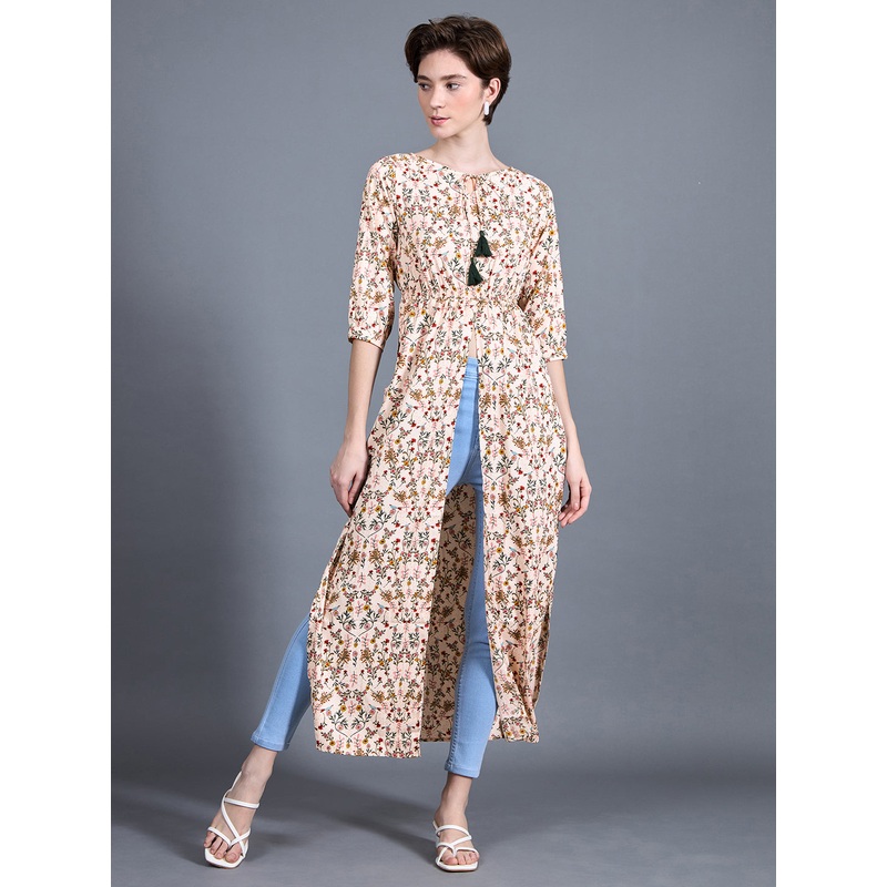 Women’s Multicolored Round Neck 3/4 Sleeve Floral Tie-Up Tassel Detailing Front Slit Maxi Top XS Multicolor