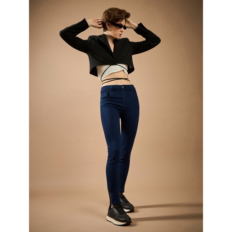 Women’s Navy-Blue Skinny-Fit Mid-Rise Cropped-Length Zipper Detailing Stretchable Denim Jeans 26 Navy Blue