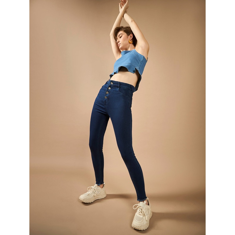 Women’s Navy-Blue Skinny High-Rise Clean-Look Solid Fringed Hemline Cropped Stretchable Denim Jeans 26 Navy Blue