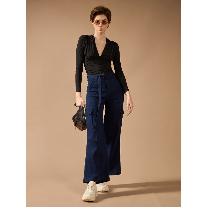 Women’s Navy-Blue Wide-Leg High-Rise Stretchable Cargo Denim Jeans 26 Navy Blue