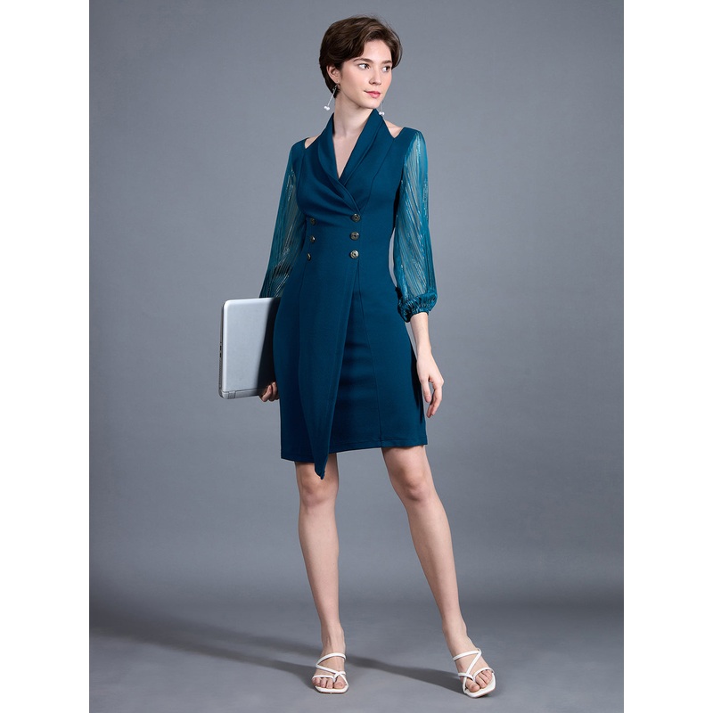 Women’s Teal Shawl Collar Bishop Sleeves Solid Double Breasted Knee Length Dress XS Teal