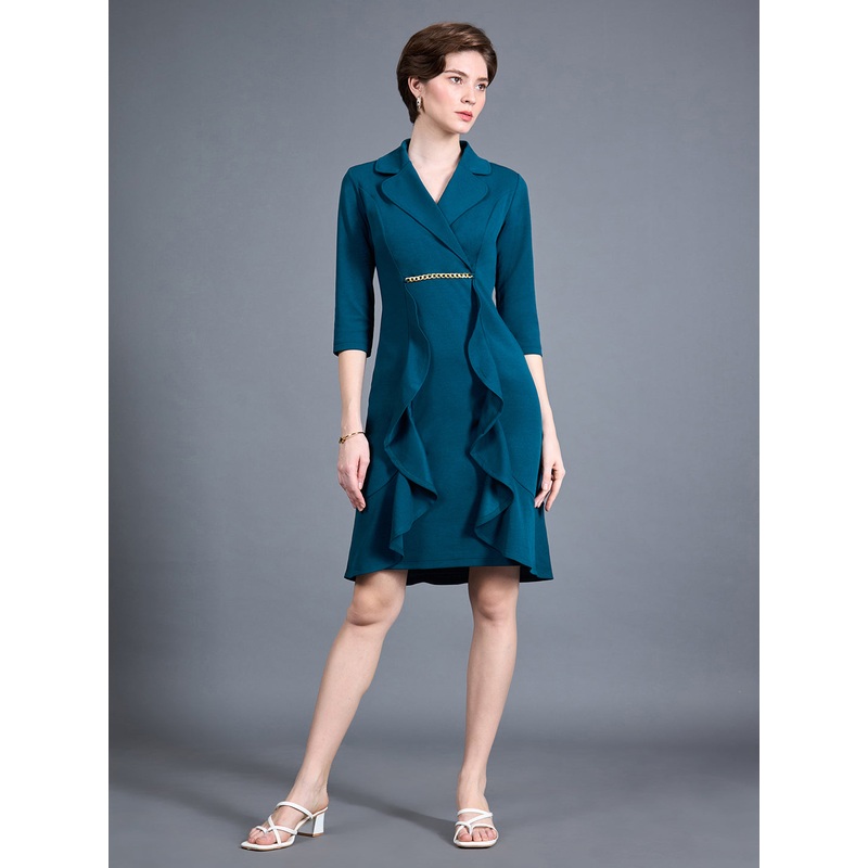 Women’s Teal Solid Notched Collar 3/4 Sleeve Blazer Polyester Knee-Long Dress XS Teal
