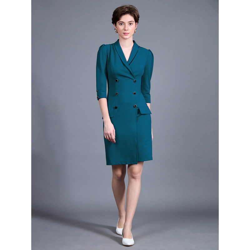 Women’s Teal V-neck 3/4 Sleeve Solid Double Breasted Blazer Knee-Long Polyester Dress XS Teal