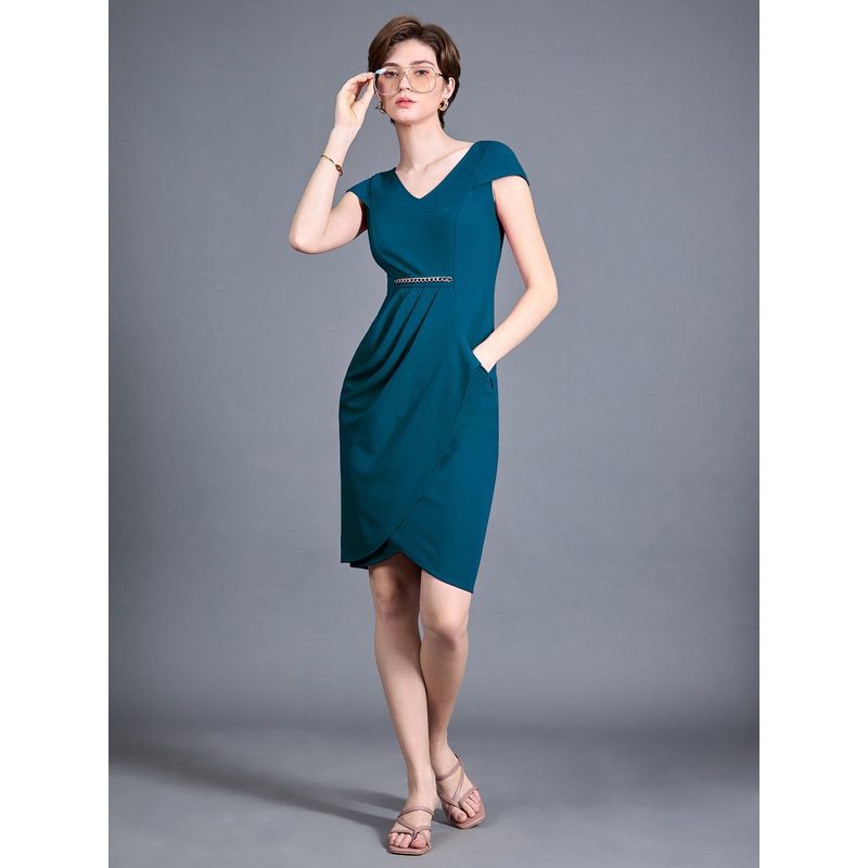Women’s Teal V-Neck Cap Sleeve Solid Wrapped Polyester Knee-Long Dress XS Teal