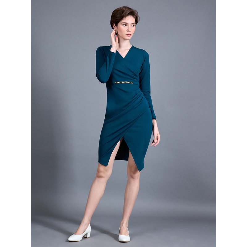 Women’s Teal V-Neck Full Sleeve Solid Wrap-Styled Polyester Knee-Long Dress XS Teal
