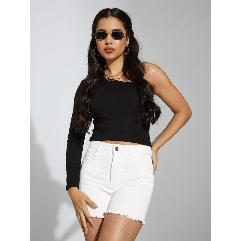 Women’s White Regular High-Rise Clean-Look Regular Stretchable Denim Shorts 24 White