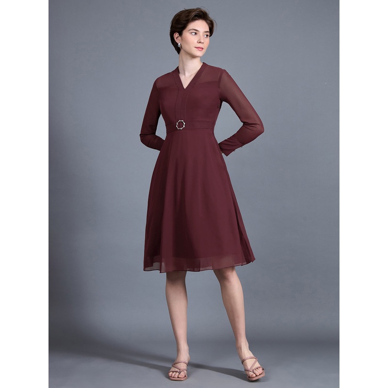 Women’s Wine Red V-Neck Full Sleeve Solid Fit & Flare Midi Dress XS Maroon