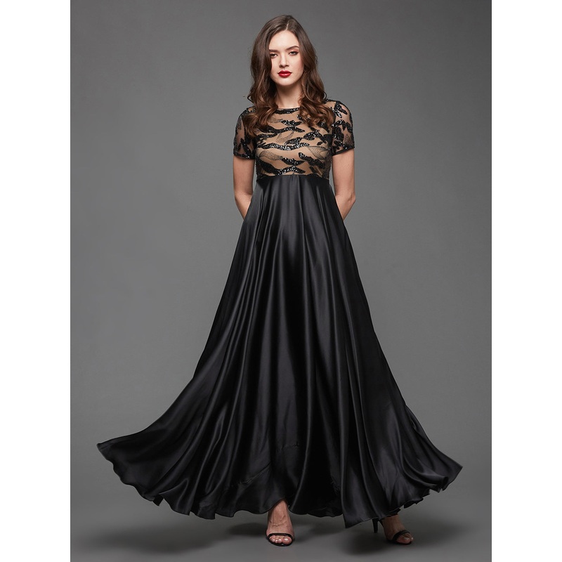 Black Abstract Short Sleeves Sequinned Maxi Dress for Women XS Black