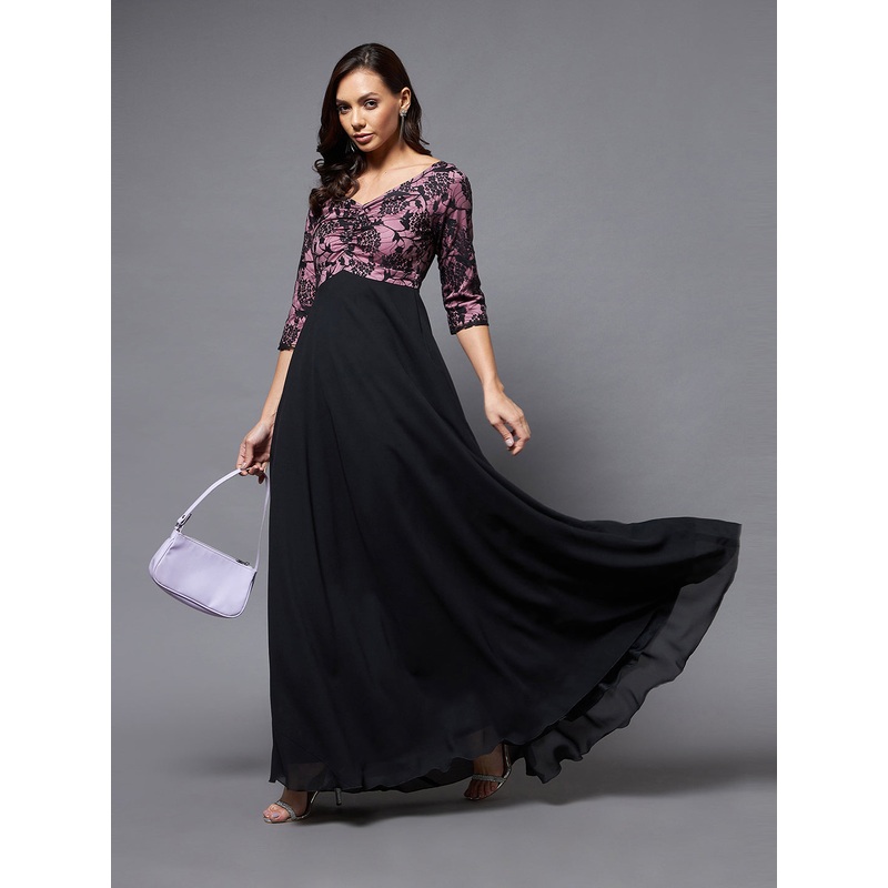 Black Long Sleeves Lace Empire Maxi Dress for Women XS Black And Lavender