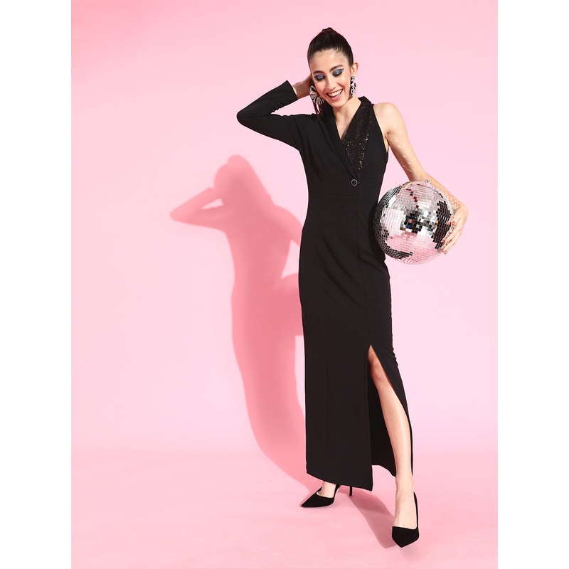 Crease Ease Women’s Black Solid Asymmetric Sequined Blazer Maxi Dress XS Black