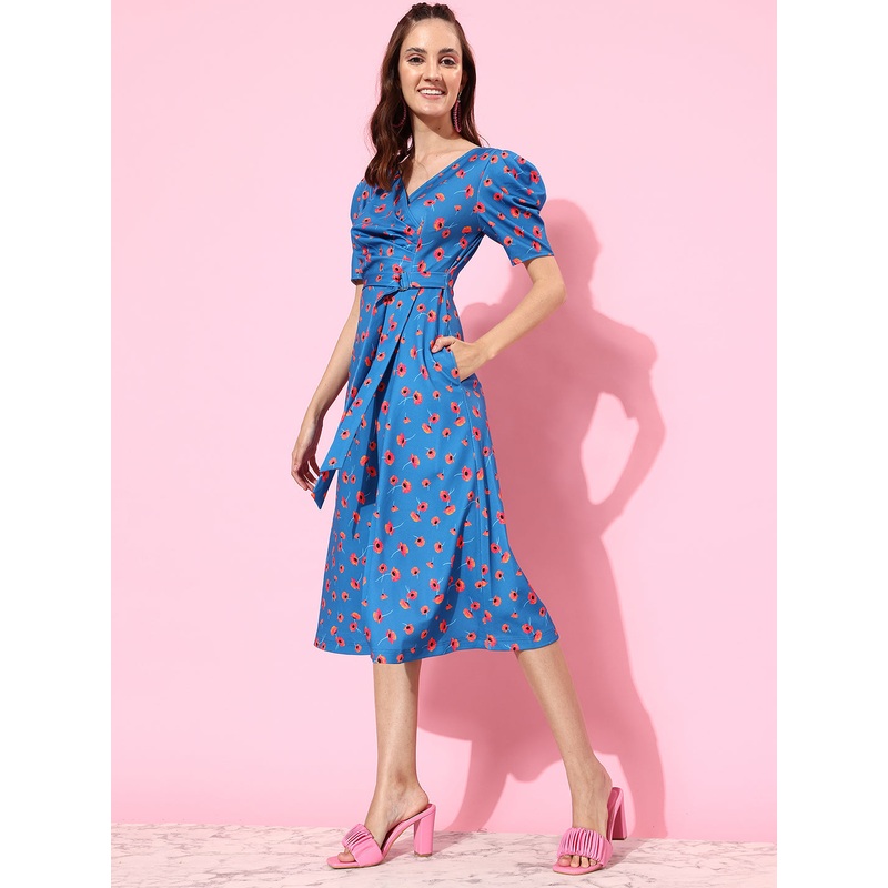 Crease Ease Women’s Multicolored-Base-Blue V-Neck Pleated Puff Sleeve Floral Patterned Wrap Midi Polyester Dress XXS Blue