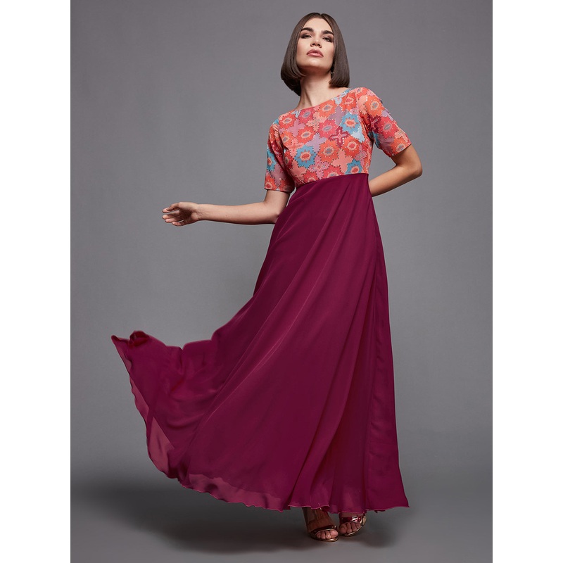 Dark Pink Boat Neck Half Sleeves Geometric Printed Maxi Dress for Women XS Pink