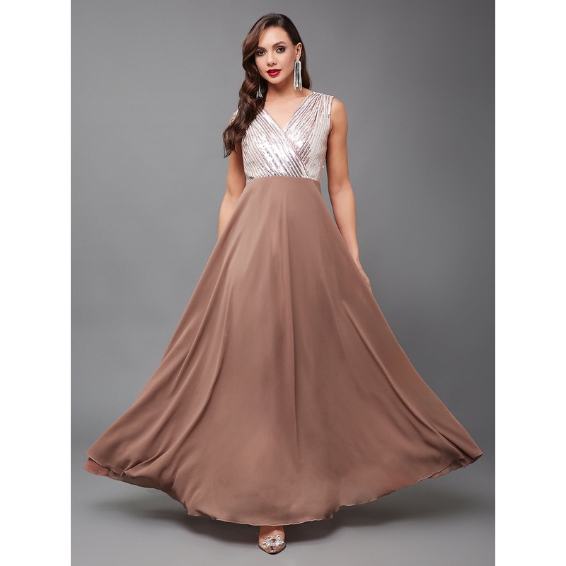 Dusty Peach Sequinned Fit and Flare Gown for Women XS Peach