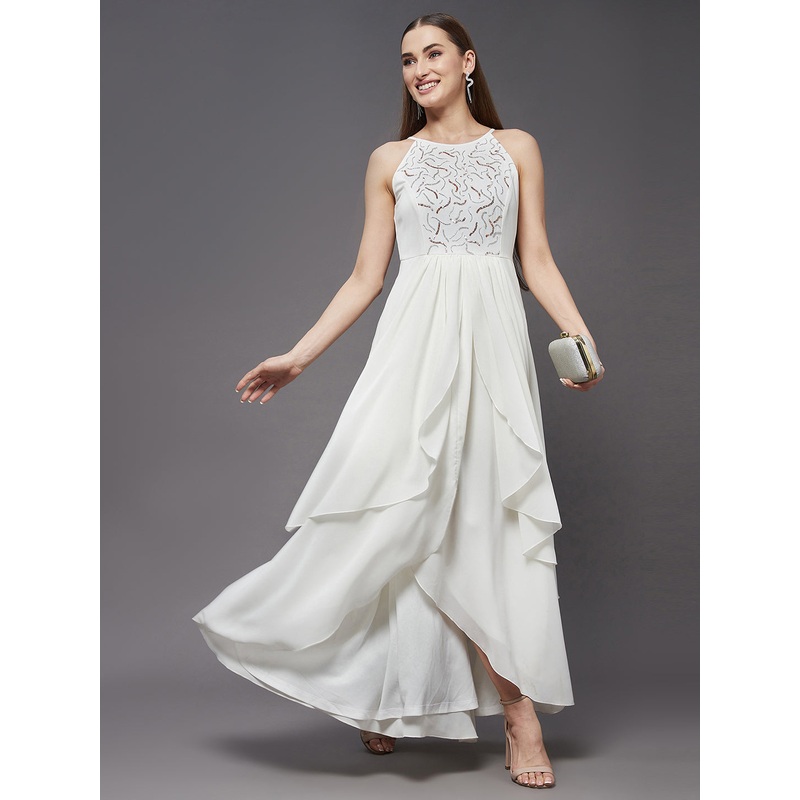 Off White Sleeveless Abstract Sequinned Layered Gown for Women XS White