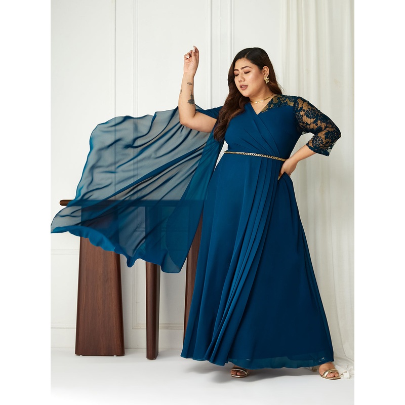 Royal Blue Assymetric Long Sleeves Lace Maxi Dress for Women XS Blue