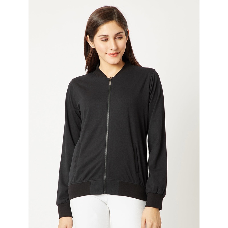 Women’s Black Round Neck Full Sleeve Cotton Solid Bomber Jacket XS Black