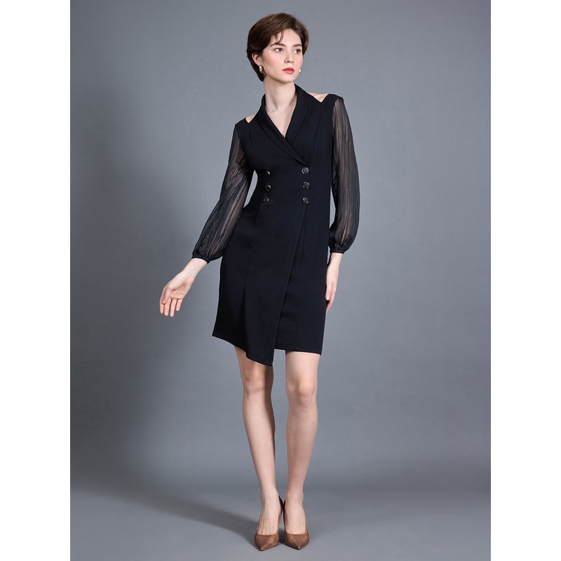 Women’s Black Shawl Collar Bishop Sleeves Solid Double Breasted Knee Length Dress XS Black