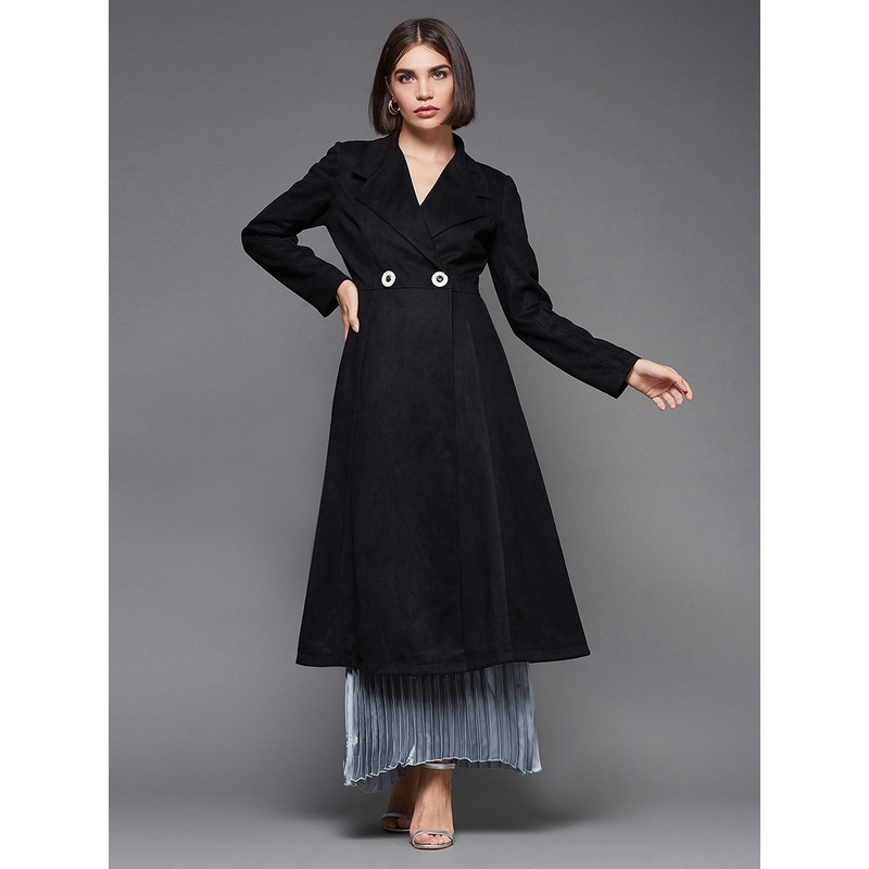 Women’s Black Solid V-Neck Full Sleeves Side Pocketed Polyester Double Breasted Longline Blazer Jacket XS Black