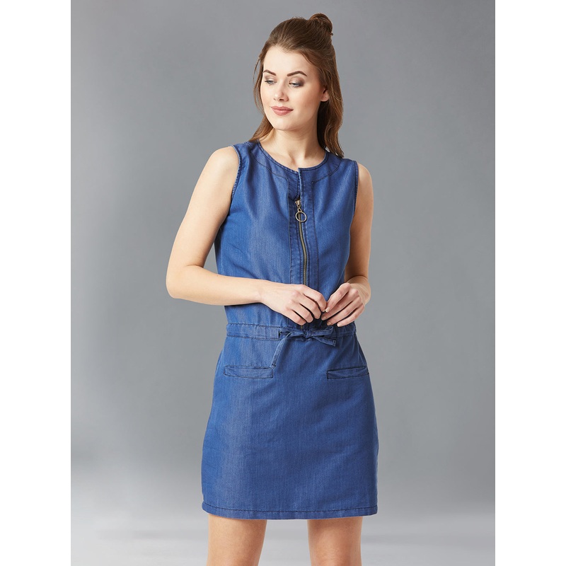 Women’s Blue Polo Neck Sleeveless Denim Solid Midi Shift Dress XS Blue