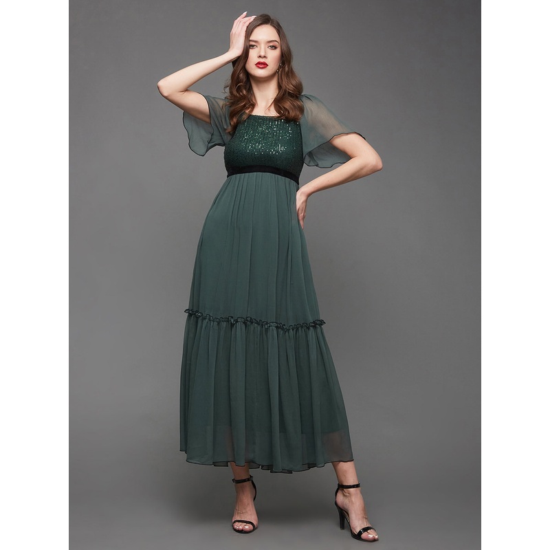 Women’s Dark Green Embellished Square Neck Flared Sleeves Side Pocketed Chiffon Tiered Longline Dress XS Green