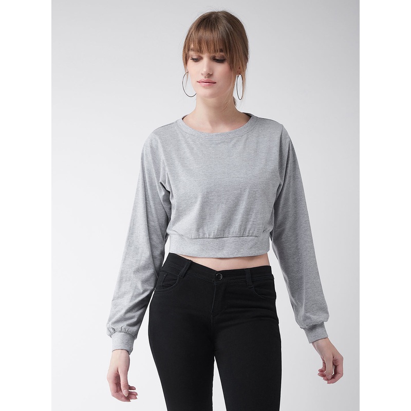 Women’s Grey Round Neck Full Sleeves Solid Crop Top XS Grey