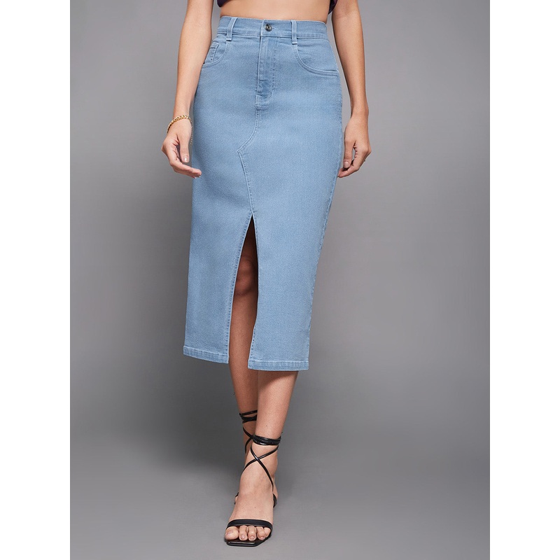 Women’s Light Blue Straight-Fit High-Rise Stretchable Denim Midi Skirt 26 Blue