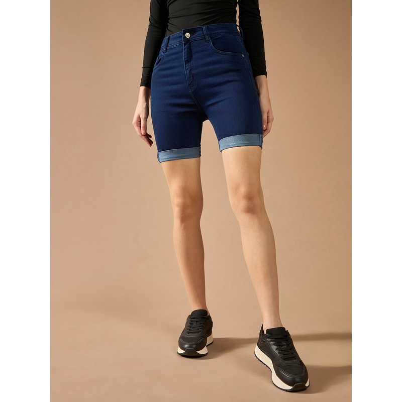 Women’s Navy Blue Skinny High-Rise Clean-Look Regular Length Stretchable Denim Shorts 26 Navy Blue