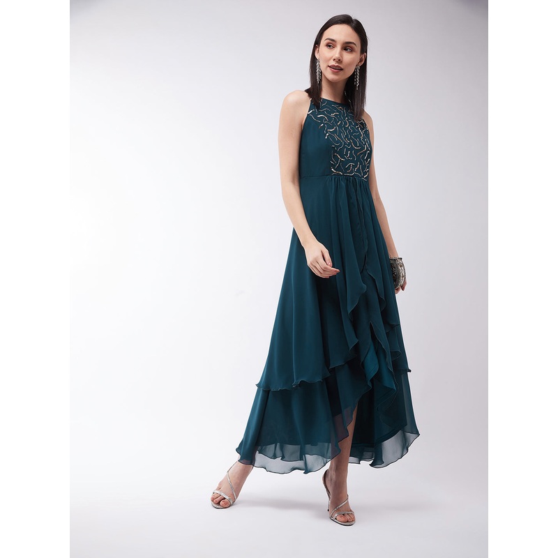 Women’s Teal Round Neck Sleeveless Solid Embellished Maxi Dress XS Teal