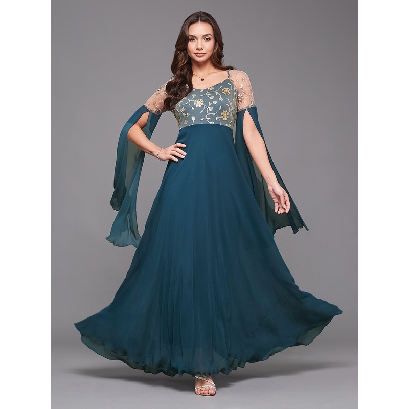 Women’s Teal V-Neck Full Sleeve Embroidered Fit & Flare Georgette Maxi Dress XS Teal