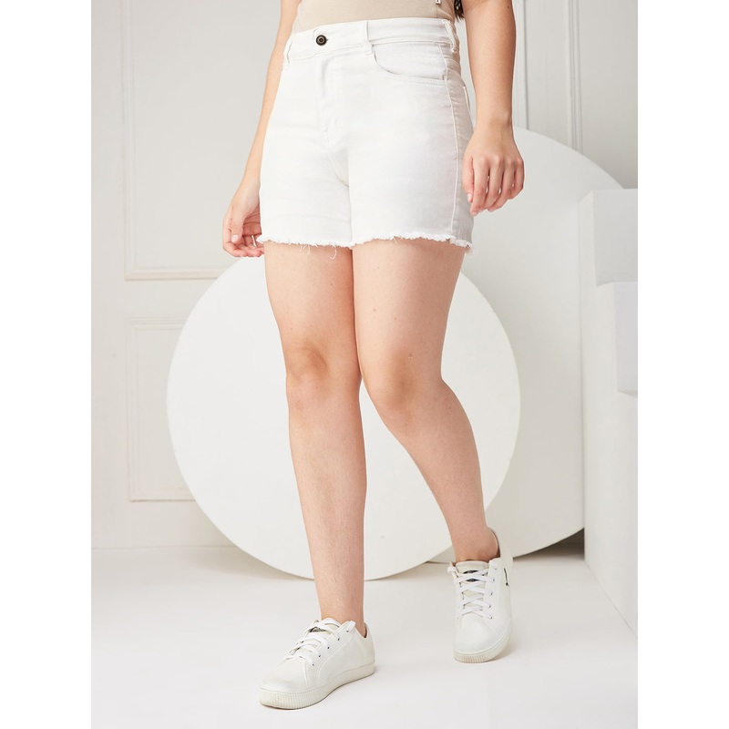 Women’s White Regular High-Rise Stretchable Denim Shorts 24 White