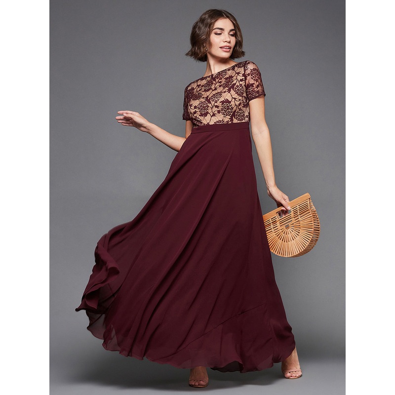 Women’s Wine & Beige Relaxed Fit Regular Georgette Dress XXS Wine & Beige