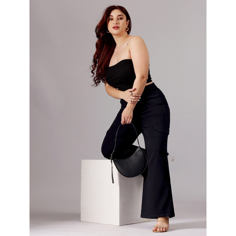 24/7 Comfort Black Wide-Leg High-Rise Clean-Look Patch Pocketed Regular Stretchable Denim Jeans 26 Black