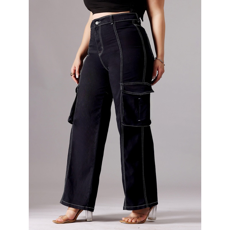24/7 Comfort Black Wide-Leg High-Rise Clean-Look Regular-Length Stretchable Patch-Pocketed Denim Jeans 26 Black