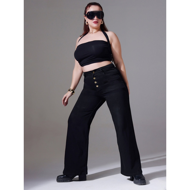 24/7 Comfort Black Wide-Leg High-Rise Clean-Look Regular Stretchable Denim Jeans 26 Black