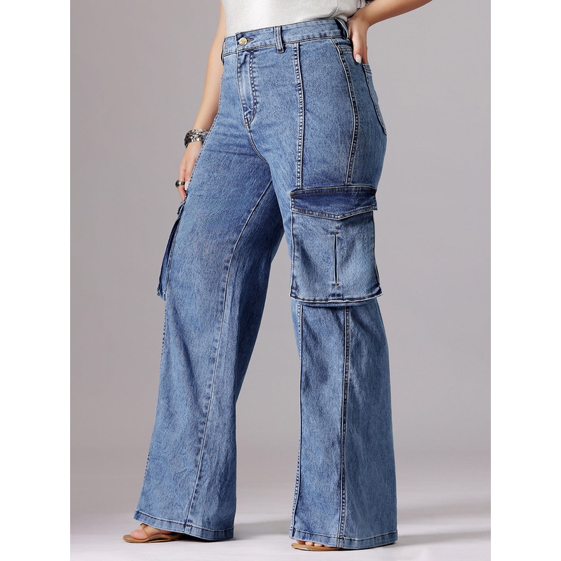24/7 Comfort Blue Wide-Leg High-Rise Clean-Look Regular-Length Stretchable Patch-Pocketed Denim Jeans 26 Blue