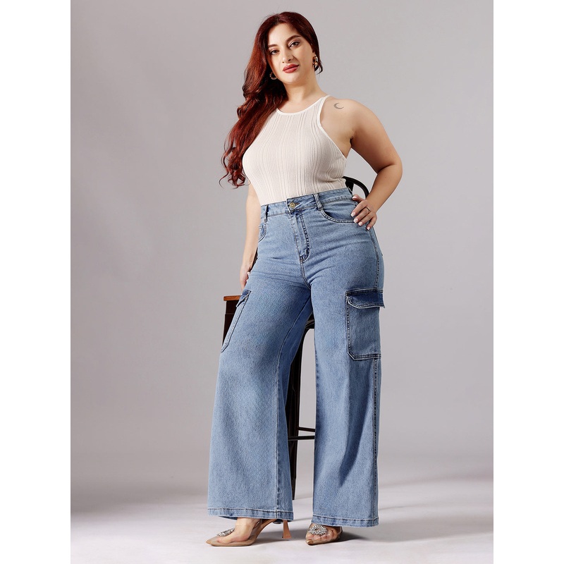 24/7 Comfort Blue Wide-Leg High-Rise Heavy Wash Regular-Length Stretchable Cargo Denim Jeans 26 Blue