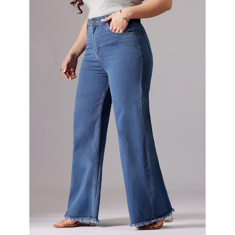 24/7 Comfort Mid-Blue Wide-Leg High-Rise Clean-Look Regular-Length Stretchable Denim Jeans 26 Mid-Blue