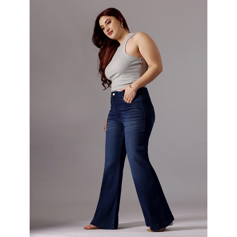 24/7 Comfort Navy-Blue High-Rise Clean-Look Regular-Length Stretchable Bootcut Denim Jeans 26 Navy Blue