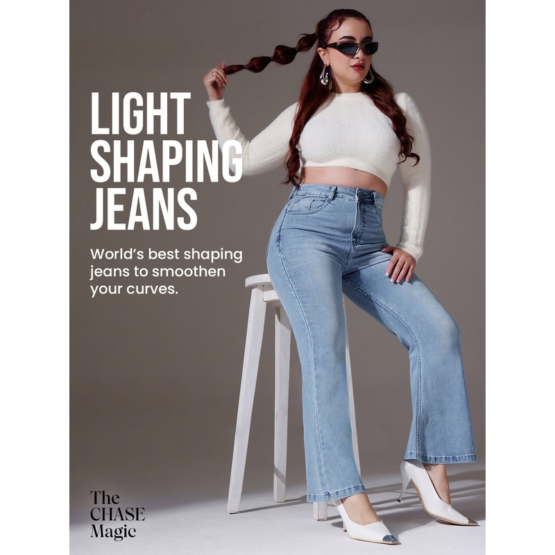 CHASEshape Light Blue High-Rise Clean-Look Regular Stretchable Denim Bootcut Shaping Jeans 26 Light Blue