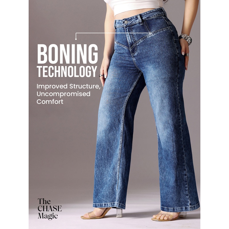 CHASEshape Mid-Blue Wide-Leg High-Rise Clean-Look Stretchable Denim Jeans 26 Mid-Blue