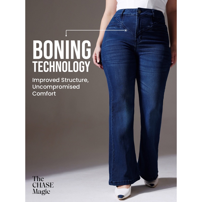 CHASEshape Navy-Blue Bootcut High-Rise Clean-Look Stretchable Denim Jeans 26 Navy Blue