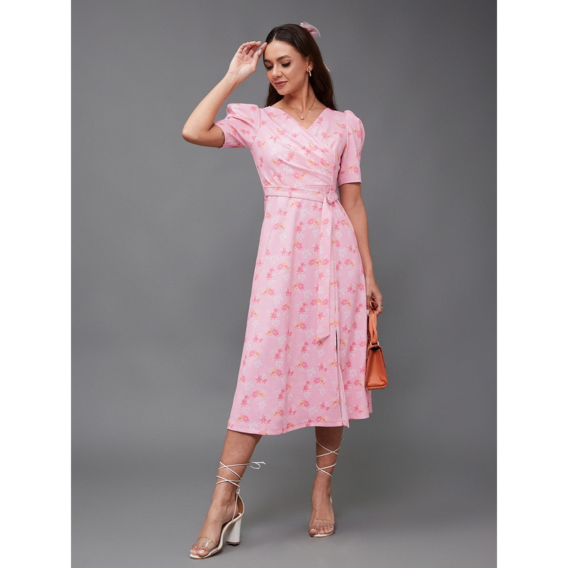 Crease Ease Women’s Multicolored-Base-Pink V-neck Puff Sleeve Floral Wrap Midi Dress 2XS Pink