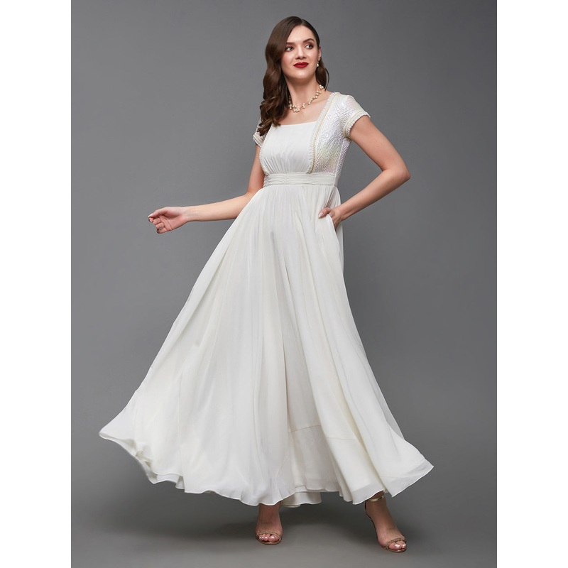 Off White Short Sleeves Empire Dress with Pearl Detailing for Women XS Off White