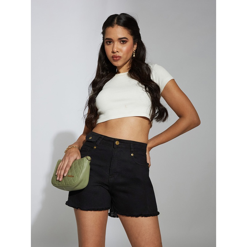 Women’s Black Relaxed Fit High-Rise Stretchable Denim Shorts 24 Black