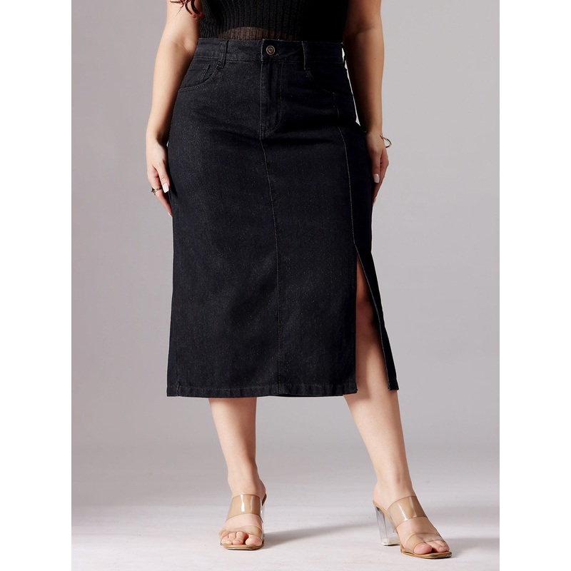 Women’s Black Straight-Fit High-Rise Clean-Look Stretchable Denim Midi Skirt 26 Black