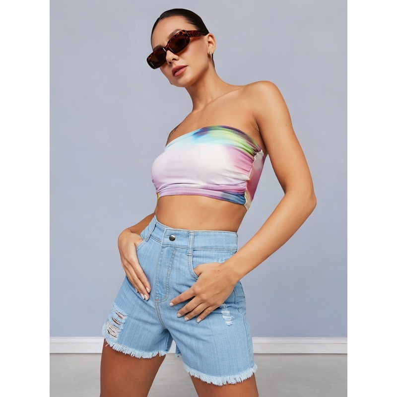 Women’s Blue Relaxed Fit Mid-Rise Highly-Distressed Denim Shorts 26 Blue